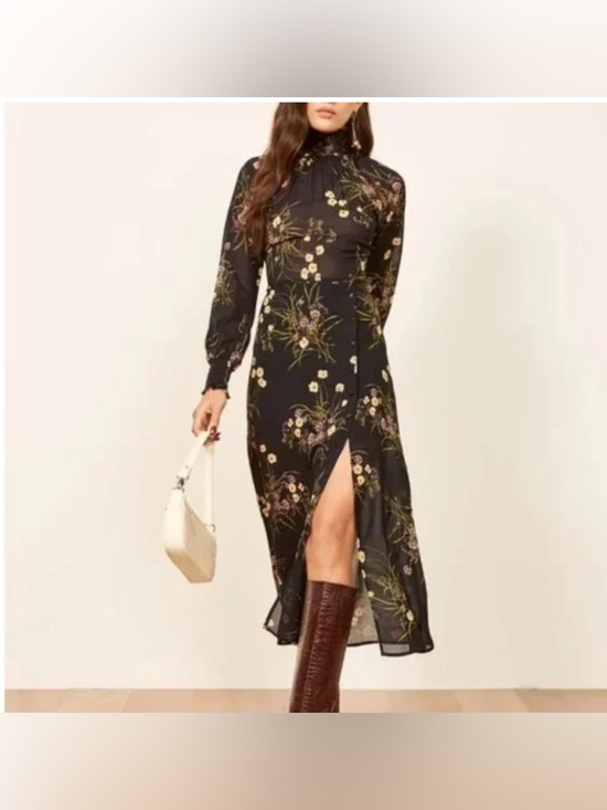 Reformation Dresses & Skirts - Reformation Valentin Dress in Anastasia - Black Green Floral long sleeve SIZE 0